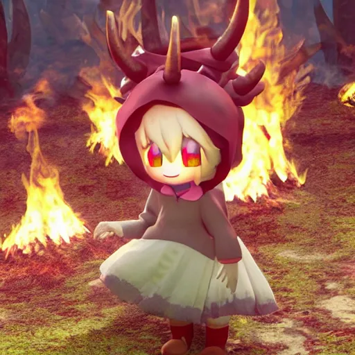 Image similar to cute fumo plush manic happy pyromaniac girl giddily starting a huge bonfire in the forest, horned demon imp girl, stylized pbr anime shader, burning flames, warm glow and volumetric smoke vortices, filmic, rule of thirds composition, vignette, vray