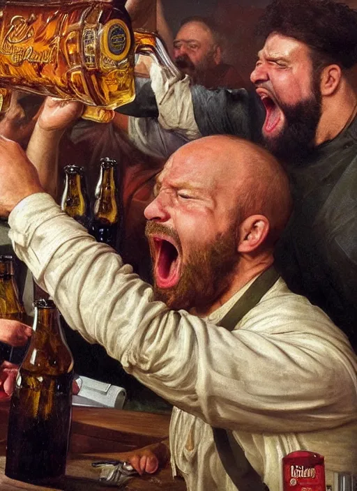 Prompt: large octoberfest invite card, man screaming at a computer screen, angry, beer bottles, photoshoot, 4 k, hyper realistic, natural, highly detailed, digital illustration, trending in artstation, classical painting, smooth, sharp focus art by ilya repin