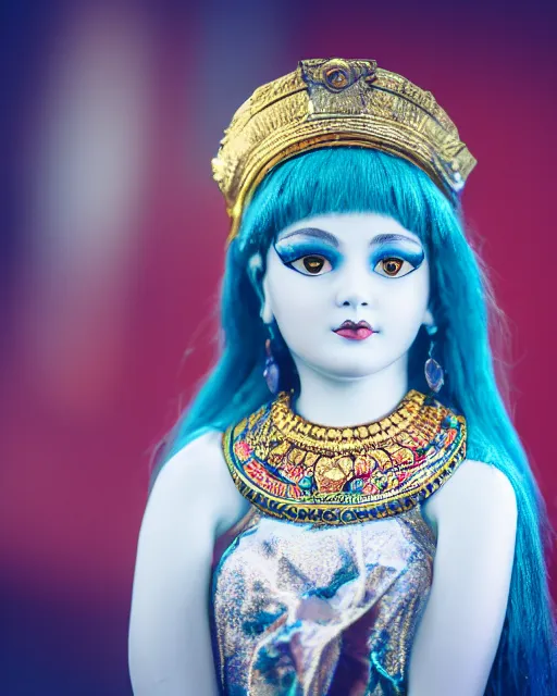 Image similar to high quality presentation photo of cleopatra as a porcelain doll, photography 4k, f1.8 anamorphic, bokeh, 4k, Canon, Nikon