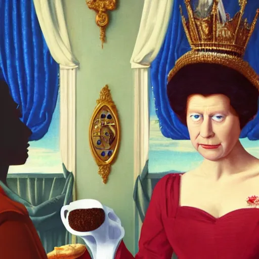 Image similar to the queen of england having tea and bisquits by Raphael, Hopper, and Rene Magritte. detailed, romantic, enchanting, trending on artstation.