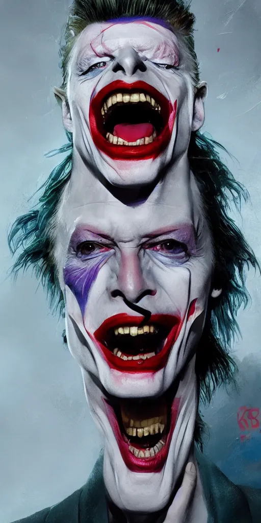 Prompt: David Bowie as the joker, Darek Zabrocki, Karlkka, Jayison Devadas, Phuoc Quan, trending on Artstation, 8K, ultra wide angle, pincushion lens effect.