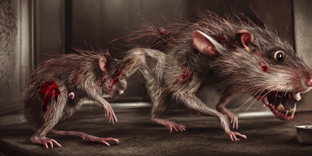 Prompt: a highly detailed photographic render of a humanoid rat creature eating a man in a living room, ratman watching tv, gore, blood, rat man, horror sci-fi, horro science fiction, biology, horror, cinematic, cinematic horror, cinematic lighting, cinematic scene, cinematic render, film, horror film, beautifully lit, ray traced, octane 3D render, octane render, unreal engine