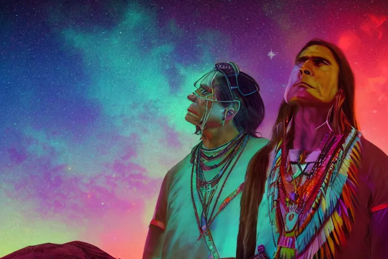 Image similar to photograph of a spiritual native american man looking up at the stars, art, universe, blender, pastel colors, synthwave, retro, cyberpunk,