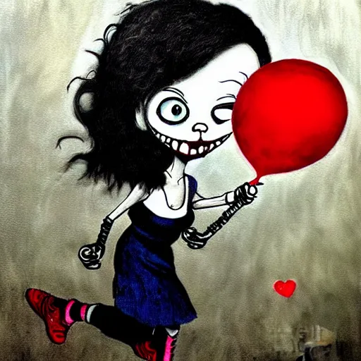 Image similar to grunge cartoon painting of a little girl playing with a jump rope with a wide smile and a red balloon by chris leib, loony toons style, pennywise style, corpse bride style, horror theme, detailed, elegant, intricate