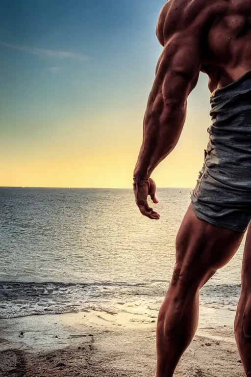 Prompt: a very muscular and defined man wearing ripped pants and shirt looking to the sea at sunset, godrays, complementary colors, natural lighting, portait image, path tracing, serene landscape, high quality, highly detailed, 8K, soft colors, warm colors, turbulent sea, high coherence, anatomically correct, hyperrealistic, concept art, defined face, five fingers, symmetrical
