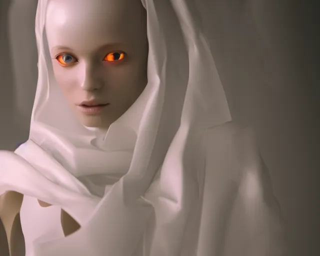 Prompt: a film still of a synthetic female human wrapped in white cloth, in neotokyo, cinematic lighting, high resolution, 4 k