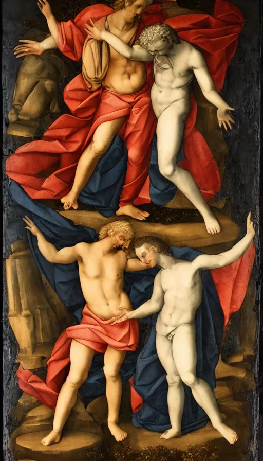 Image similar to two men in love seperated by a deity, on one side is light on the other is darkness, renaissance style