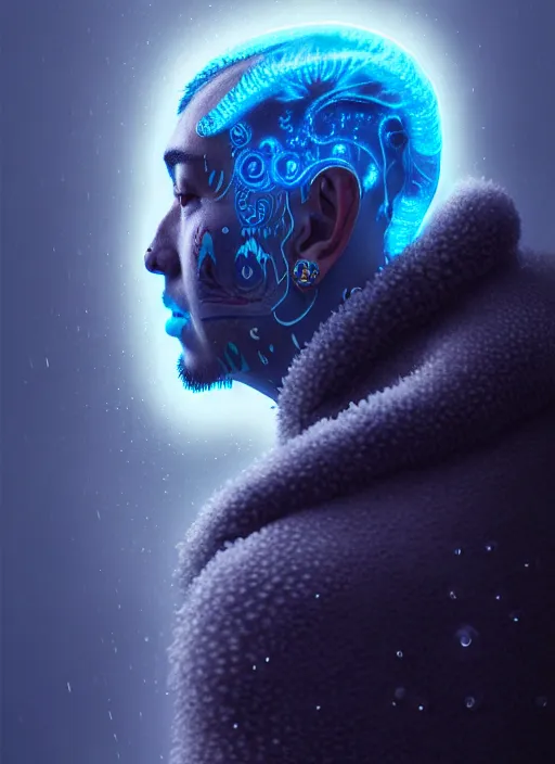 Image similar to 3 d shaman with tattoos profile portrait, sigma 5 0 0 mm f / 5. beautiful intricate highly detailed. bioluminescent, plasma, frost, water, wind, creature, gradient background, thunderstorm! artwork by tooth wu and wlop and beeple and greg rutkowski, 8 k trending on artstation,