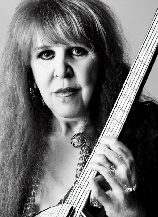 Image similar to dslr portrait photo still of stevie nicks with red hair playing a guitar, 8 5 mm, f 1. 8