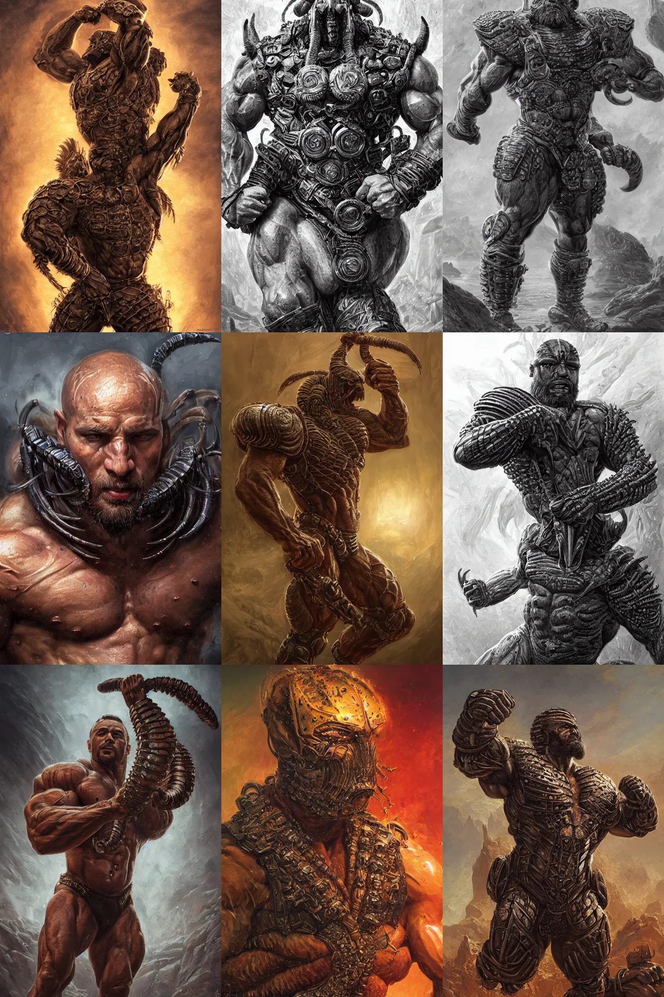 Prompt: portrait of a scorpion bodybuilder ultra realistic illustration, a hulking herculean gigachad, full armour!, beard, intricate, highly detailed, digital painting, artstation, radiant light, caustics, war hero, psychedelic dmt, concept art, smooth, sharp focus, by gaston bussiere, bayard wu, giger, maxim verehin