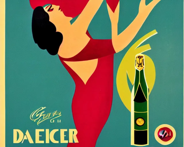 Prompt: art deco poster, dancer, cher, melchizedek champagne bottle. cheerful, bright