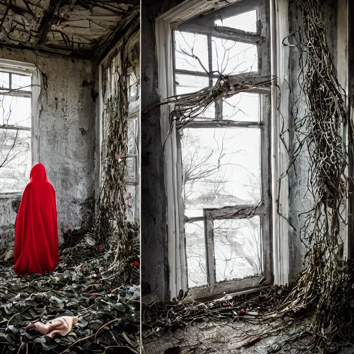 Image similar to a woman wearing a hooded cloak made of zinnias and barbed wire, in a derelict house, by Mario Testino, natural light, detailed face, CANON Eos C300, ƒ1.8, 35mm, 8K, medium-format print