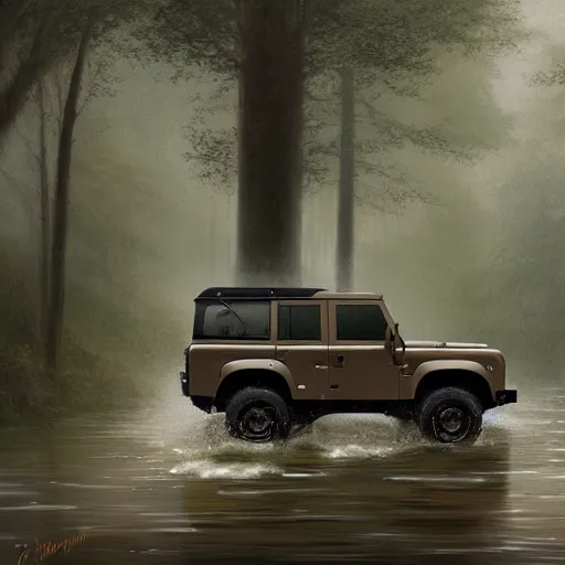 Image similar to a landrover crossing the a forest path while its raining, digital art, artstation, photgraphy, highly detailed, digital painting, artstation, concept art, sharp focus, illustration, art by greg rutkowski and artgerm