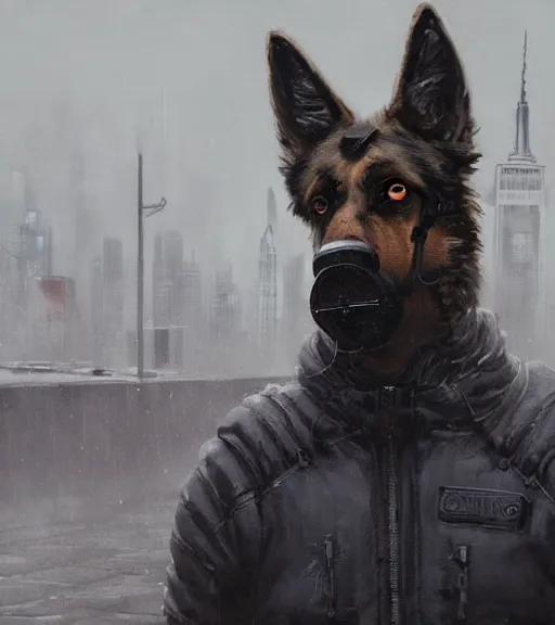 Image similar to new york city portrait of furry anthro anthropomorphic german shepard head animal person fursona wearing clothes strange cybernetic muzzle gloomy rainy cyberpunk digital art by Greg Rutkowski, Simon Stalenhag, christopher nolan trending on Artstation, CGSociety