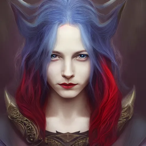 Image similar to A detailed matte oil on canvas head on symmetrical portrait of a distinguished elven woman with red and blue hair on an empty background, by Charlie bowater, Lise Deharme, Wlop, trending on artstationhd, dungeons and dragons art, parted hair , half blue, half red , split dye, critical role