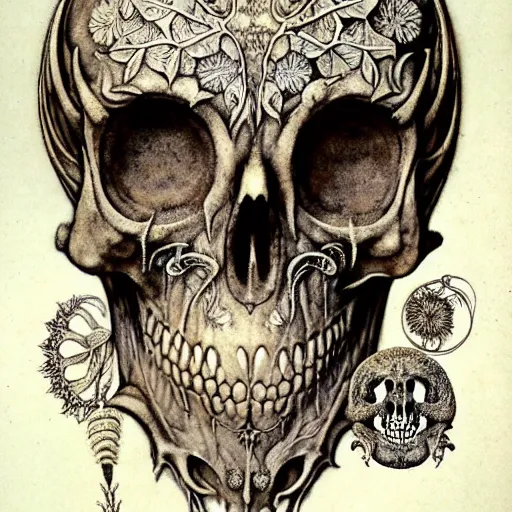 Image similar to memento mori by arthur rackham, art forms of nature by ernst haeckel, exquisitely detailed, art nouveau, gothic, ornately carved beautiful skull mask dominant, intricately carved antique bone, art nouveau botanicals, ornamental bone carving, art forms of nature by ernst haeckel, horizontal symmetry, ernst haeckel, symbolist, visionary