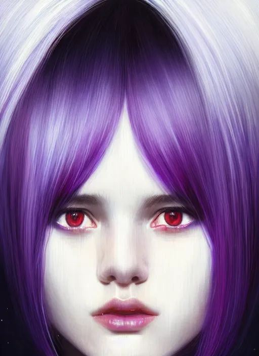 Image similar to hair whitebangs hair, black hair, whitebangs, portrait of teenage girl with white bangs, red irises, purple clothes, white bangs, bangs are different color from hair, intricate, elegant, glowing lights, highly detailed, digital painting, artstation, concept art, smooth, sharp focus, illustration, art by wlop, mars ravelo and greg rutkowski