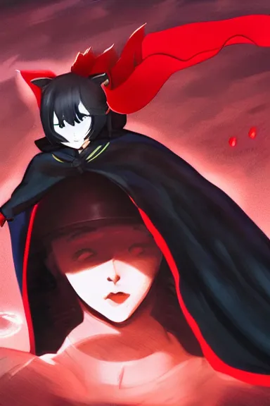 Image similar to little boy with cat ears in an black outfit with red cape. digital artwork made by lois van baarle and kentaro miura and marc simonetti, sharpness focus, inspired by hirohiko araki, anatomically correct, heroic composition, hero pose, smooth