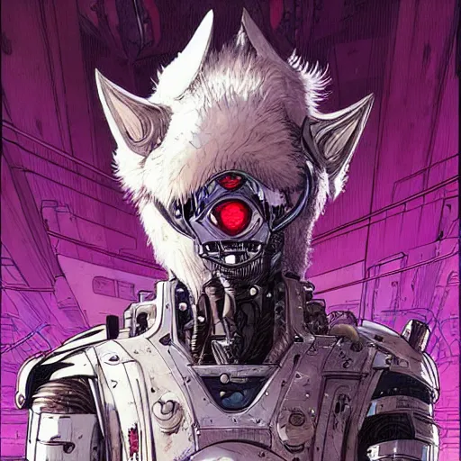 Image similar to portrait of a cybernetic werewolf warrior with white fur and power armor, cyberpunk concept art by josan gonzales and moebius and enki bilal and and dan mumford and jean claude meziere and philippe druilleg
