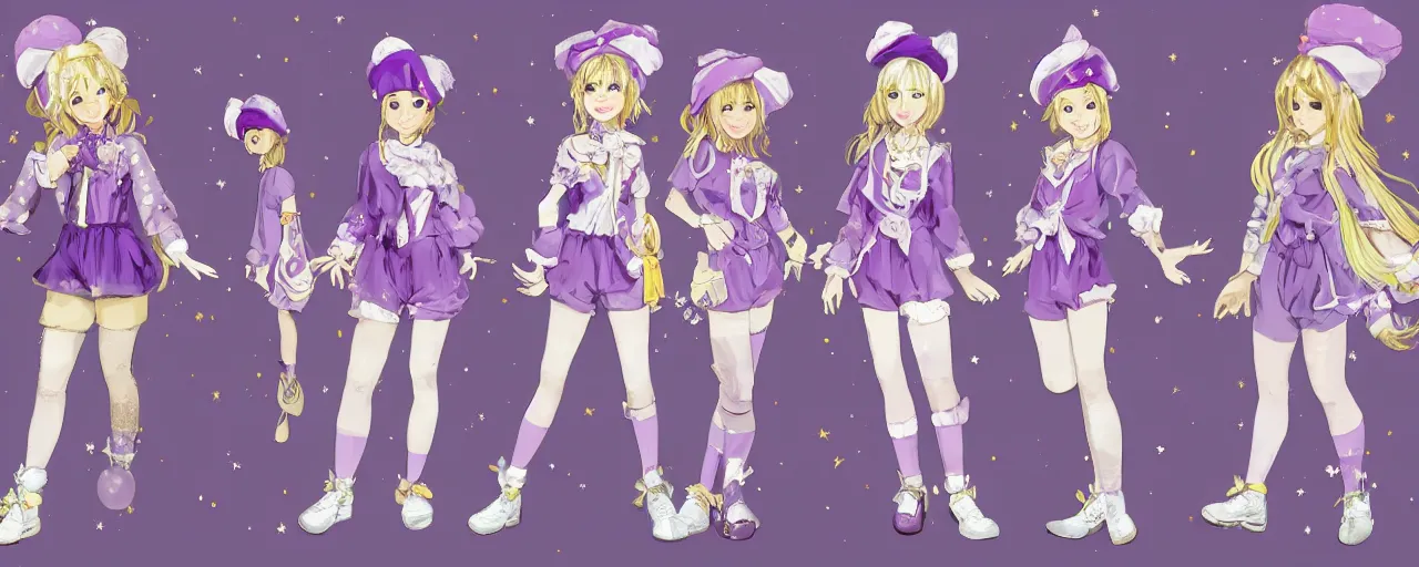 Image similar to A character sheet of full body cute magical girls with short blond hair wearing an oversized purple Beret, Baggy Purple overall shorts, Short Puffy pants made of silk, pointy jester shoes, a big billowy scarf, Golden Ribbon, and white leggings Covered in stars. Short Hair. Sunlit. Haute Couture. Artist\'s clothes. Art by william-adolphe bouguereau and Paul Delaroche and Alexandre Cabanel and Lawrence Alma-Tadema. Smooth. Elegant. Highly Detailed. Intricate. 4K. UHD. Denoise.