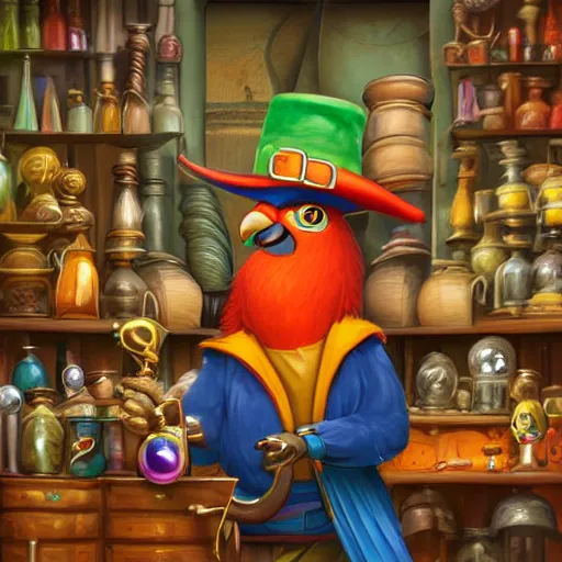 Image similar to Anthropomorphized parrot trader in his shop, shelves full, selling a gem, portrait, items, magic potions, fancy hat, sly expression , cunning expression, cute expression, presenting magic gem, D&D, fantasy, cinematic lighting, highly detailed, digital painting, artstation, concept art, smooth, sharp focus, illustration, warm light, cozy warm tint, magic the gathering artwork, volumetric lighting, 8k, no gold, no gold colours, art by Akihiko Yoshida, Greg Rutkowski