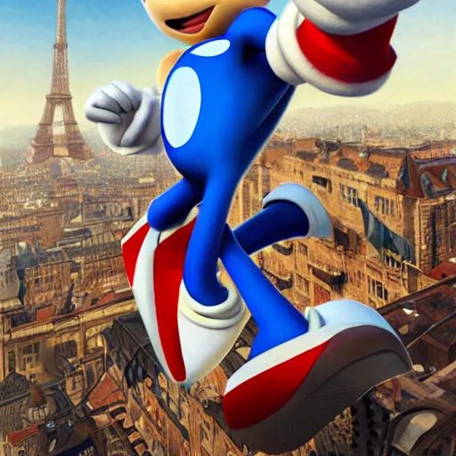 Image similar to [Sonic the hedgehog as the president of France as GTA character, propaganda, closeup, D&D, intricate, elegant, highly detailed, digital painting, artstation, concept art, matte, sharp focus, illustration, art by Artgerm and Greg Rutkowski and Alphonse Mucha and Enki Bilal]