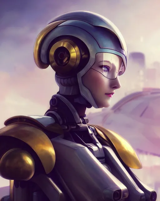 Image similar to beautiful delicate imaginative streamlined mecha anime elegant futuristic close up portrait of a pilot female sitting with magnificent piercing deadly looks, armor with gold linings by ruan jia, tom bagshaw, alphonse mucha, futuristic buildings in the background, epic sky, vray render, hyper realistic, artstation, deviantart, pinterest, 5 0 0 px models