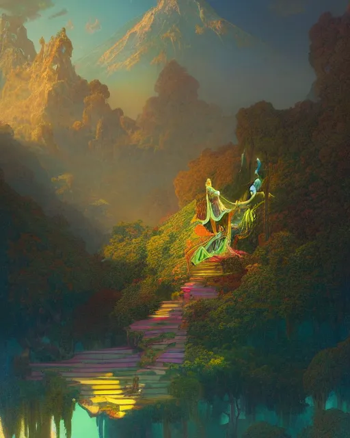 Image similar to magical morning in shangri - la, coherent design, symmetrical, concept art, vivid color, complementary color, golden ratio, detailed, sharp lines, intricate, rainbowshift, by maxfield parrish, by peter mohrbacher, by gustave dore, by alphonse mucha, deviantart, octane render