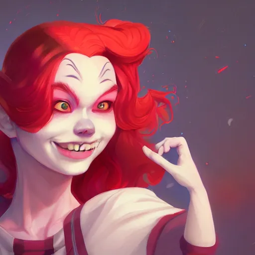 Image similar to a portrait of a cinematic still of the happy mask salesman with red hair, art by lois van baarle and loish and ross tran and rossdraws and sam yang and samdoesarts and artgerm and saruei and disney, digital art, highly detailed, intricate, sharp focus, trending on artstation hq, deviantart, unreal engine 5, 4 k uhd image