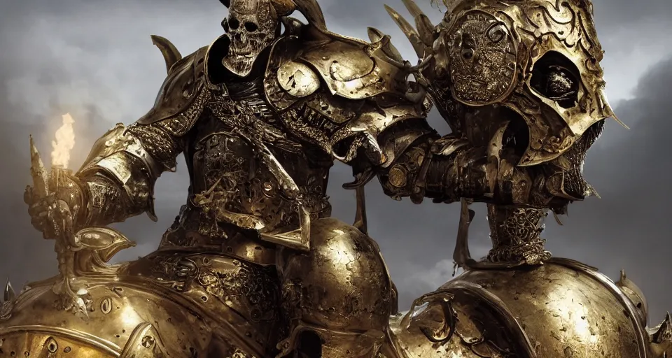 Prompt: render of A baroque skull faced knight with a skull mask, wearing a golden baroque set of armor standing strong in the middle of a battlefield, hyper realistic, unreal, craig mullins, alex boyd, lord of the rings, game of thrones, dark souls, skyrim, dragon age, artstation, cinematic shot, warhammer, dungeons and dragons