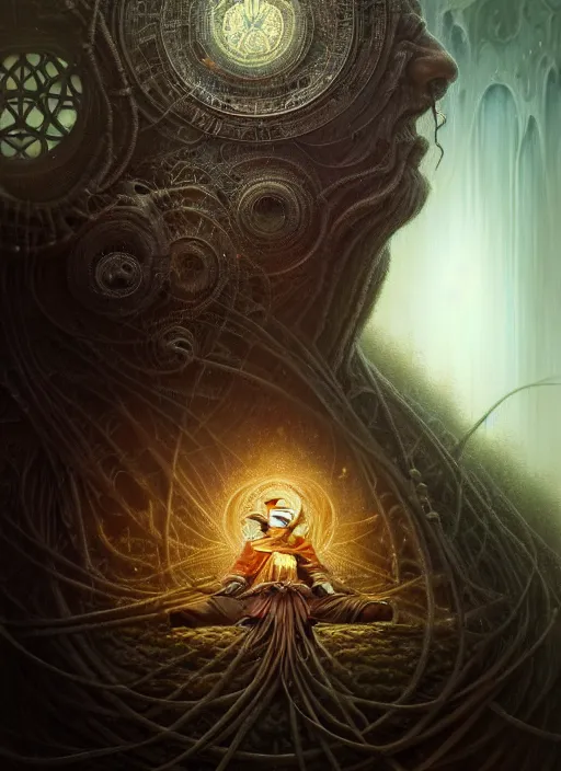 Image similar to closeup portrait shot of a meditation in lovecraftian world in a scenic dystopian environment, intricate, elegant, highly detailed, centered, digital painting, artstation, concept art, smooth, sharp focus, illustration, artgerm, tomasz alen kopera, peter mohrbacher, donato giancola, joseph christian leyendecker, wlop, boris vallejo