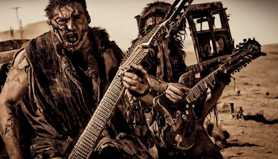 Prompt: Mad Max guitar player from Mad Max Fury Road, movie still, sharp, highly detailed, hollywood movie