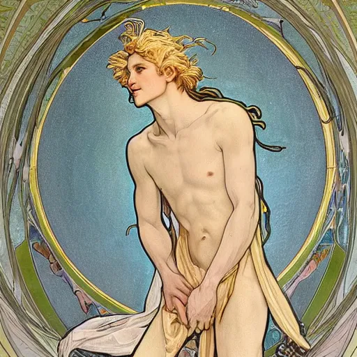 Image similar to A extreme long shot, stunning, breathtaking, awe-inspiring, award-winning, ground breaking, concept art, nouveau painting, of Lucifer, extra-light natural blonde hair, sophisticated well rounded face, bright glowing eyes, fit body, porcelain looking skin, standing tall invincible over the remains of Heaven, by Michelangelo, Alphonse Mucha, Michael Whelan, William Adolphe Bouguereau, John Williams Waterhouse, and Donato Giancola, Dark Fantasy mixed with Socialist Realism, exquisite, intricate, dramatic, hyperrealistic, atmospheric, cinematic, trending on ArtStation , symmetrical, high resolution, 3D, PBR, path tracing, volumetric lighting, octane render, arnold render, 8k