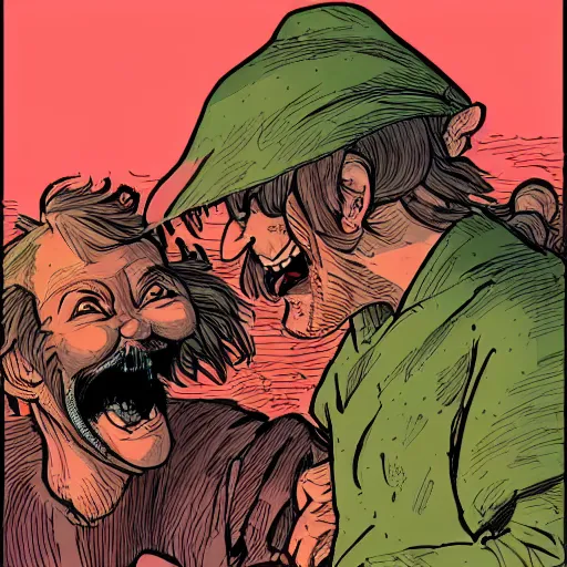 Prompt: precisely drawn illustration of two villagers laughing at a joke, wide angle, sharp, fine details, French comic style, vibrant realistic colors, full color, heroic fantasy, intense line art, 8k, precise linework, realistic, in the style of Richard Corben and Moebius