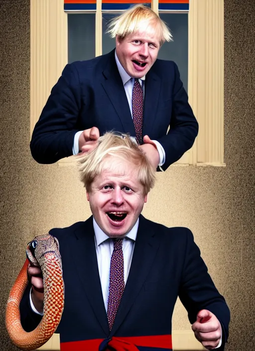 Prompt: A portrait of Boris Johnson with the body of a snake, wearing a suit, at a house party, laughing at the poor, high definition, digital art, illustration, hyperrealist