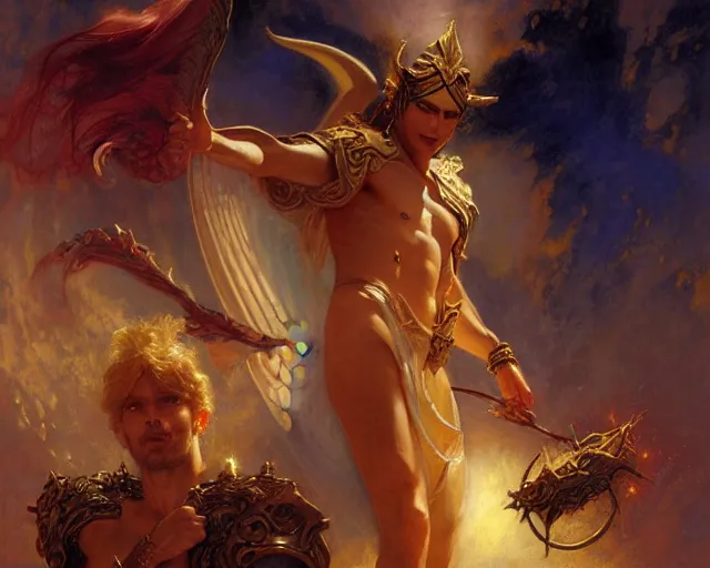 Image similar to attractive pagan male deity, casting chaos magic, summoning handsome lucifer morning star. highly detailed painting by gaston bussiere, craig mullins, j. c. leyendecker 8 k