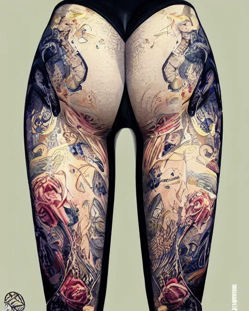 Image similar to Perfect leggings pattern imitating tattoos, focus on the pants, completely frontal and 100 percent symmetrical close-up on legs, highly detailed, digital painting, artstation, concept art, smooth, sharp focus, illustration, art by Artgerm and Hajime Sorayama