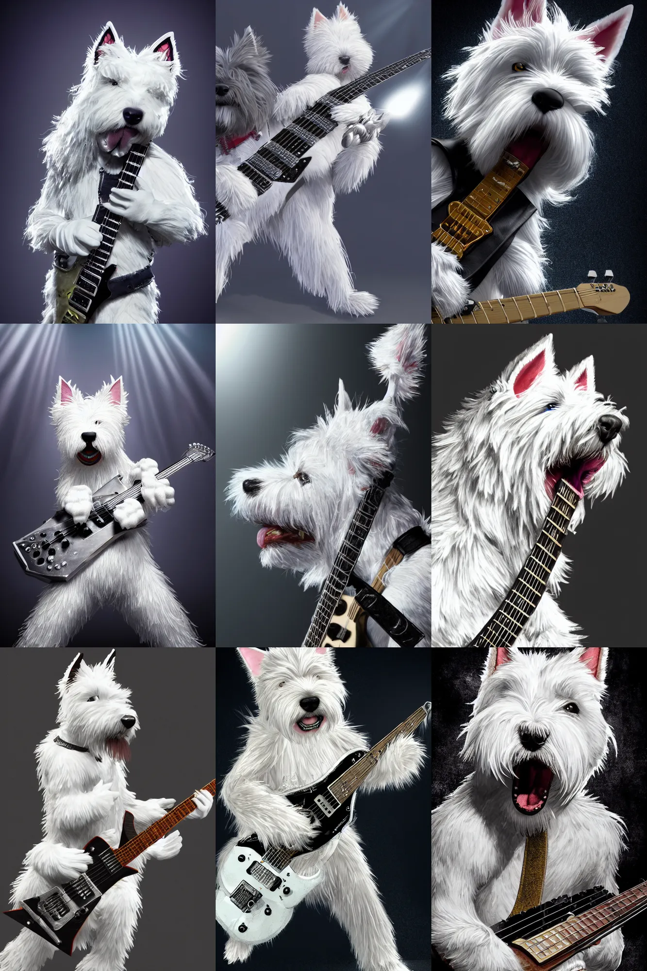 Prompt: a high detail shot of an Anthropomorphic west highland white terrier as a heavy metal guitarist, playing electric guitar, photorealism, volumetric lighting, epic lighting, artstation, hd