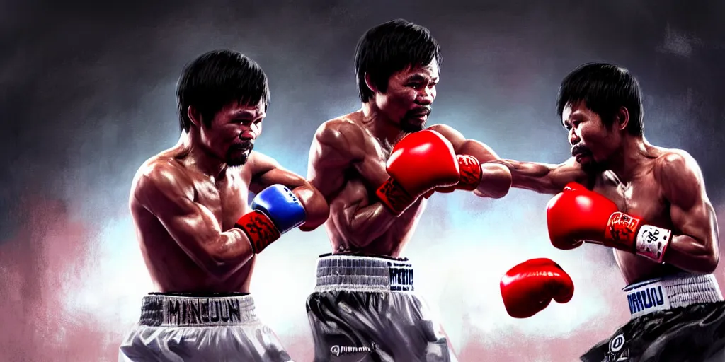 Image similar to manny pacquiao versus bongbong marcos in a boxing fight, detailed intricate illustration, dark atmosphere, detailed illustration, hd, 4 k, digital art, overdetailed art, by greg rutkowski, by loish, complementing colors, trending on artstation, deviantart