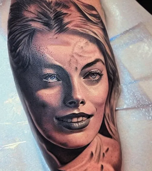 Image similar to mash up tattoo sketch of margot robbie with beautiful mountain scenery, in the style of arlo dicristina, hyper realism, amazing detail, sharp