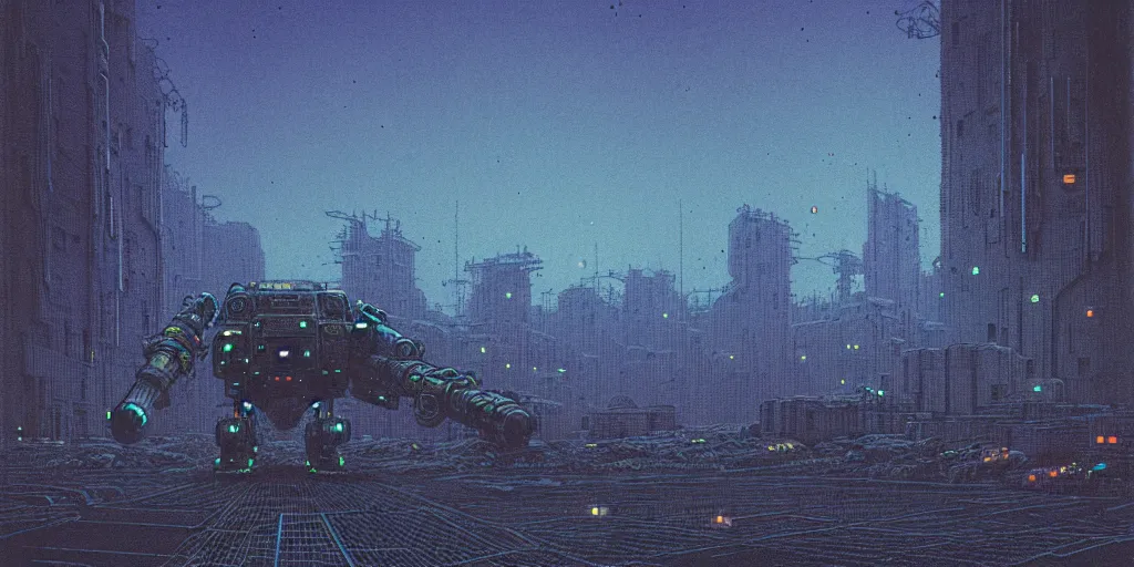 Image similar to grainy risograph matte painting of gigantic huge mech covered with wounds, black, pastel matte colors, staying in the foggy huge parking station, blue glowing fireflies, by moebius, hyperrealism, intricate detailed