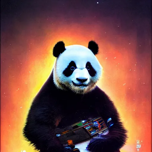 Prompt: a panda mecha, close - up portrait, reflective detailed textures, glowing colorful fog, dark background. highly detailed fantasy science fiction painting by moebius, norman rockwell, frank frazetta, and syd mead. rich colors, high contrast. trending on artstation