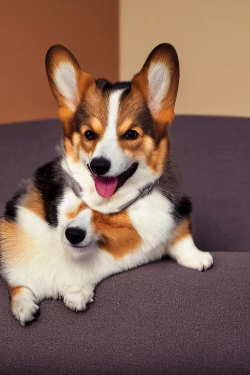 Image similar to a photo of a corgi laying on back on a couch, snarling, about to bite, oil on canvas, intricate, portrait, 8k highly professionally detailed, HDR, CGsociety