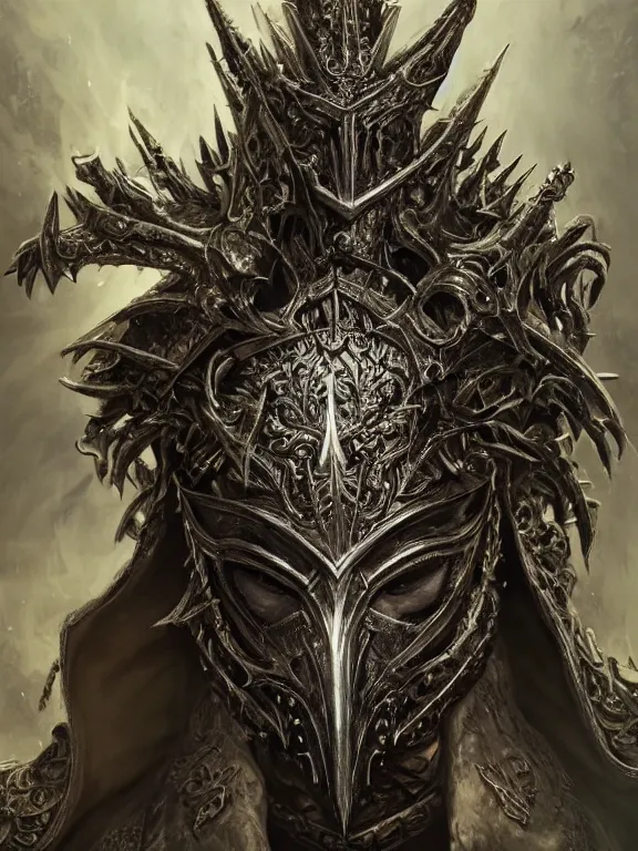 Image similar to portrait art of 8k ultra realistic witch king of angmar, ornate detailed helmet , detailed intricate ornate armour,corrupted, cybernetic, full of colour, cinematic lighting, battered, trending on artstation, 4k, hyperrealistic, focused, extreme details,unreal engine 5, cinematic, masterpiece, art by ayami kojima, giger