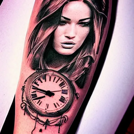 Image similar to double - exposure tattoo sketch of megan fox shaped in beautiful mountains, in the style of dan mountford