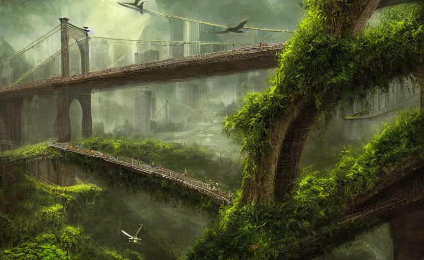 Prompt: an epic landscape view of vines and moss growing on the brooklyn bridge, moss, jungle, with pterosaurs flying, close - up, low angle, wide angle, atmospheric, volumetric lighting, cinematic, very realistic, sharp, highly detailed digital art, painted by tyler edlin