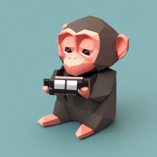 Prompt: isometric cute 3 d low - poly japanese macaque using a sony walkman