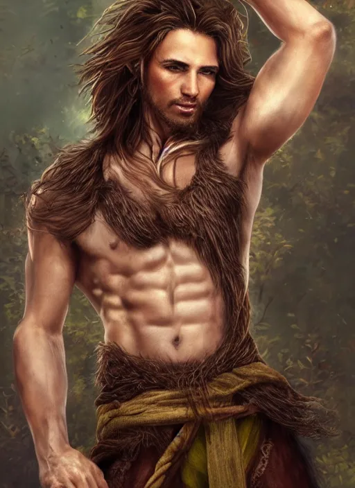 Prompt: a relaxed gorgeous male druid in a sleeveless west, short brown hair, stringy, full body, 8 k, hyperrealistic, hyperdetailed, fantasy portrait by laura sava