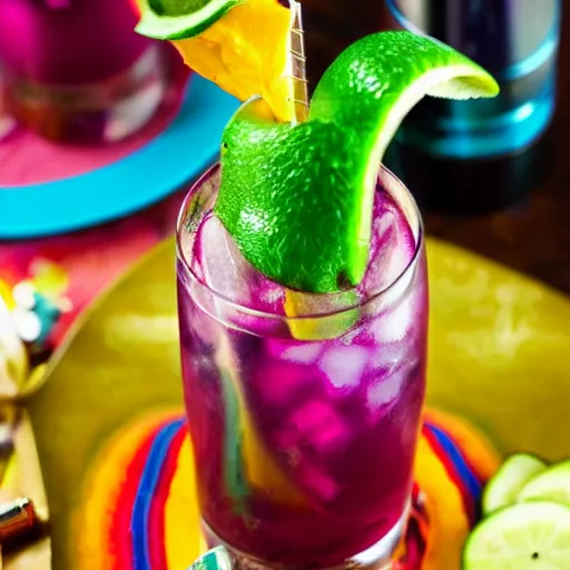 Prompt: Exotic, vibrantly colorful cocktail. Cookbook photo. Closeup, highly detailed.