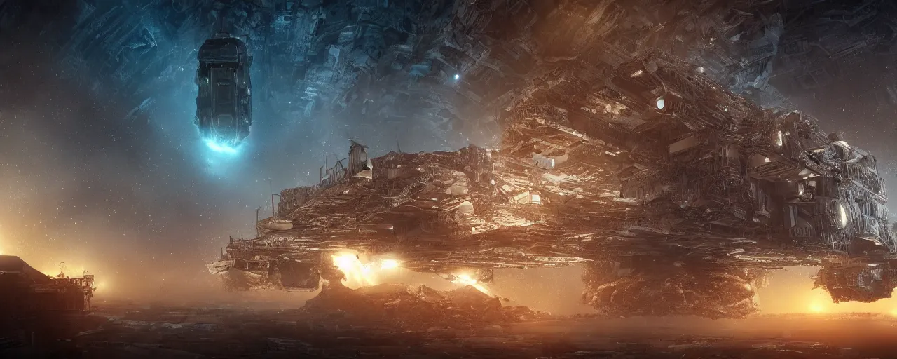 Prompt: movie still, intricate derelict hive megastructures, thin horizontal nebula, a dark epic galaxy, space scene, dark scifi, unreal engine, octane render, detailed and intricate, global illumination, volumetric lighting, hubble telescope images, james webb telescope images, houdini fluid simulation, detailed and intricate environment